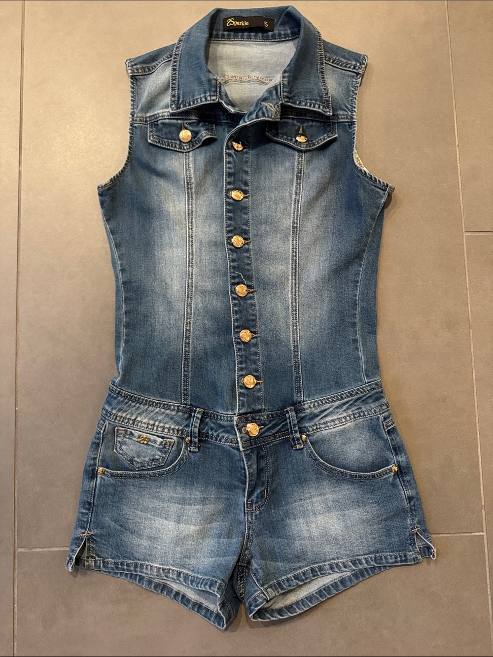 Juniors Denim stretch short romper with gold buttons size 5